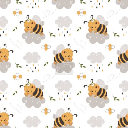 Téléchargez les photos : Motif sans couture avec des nuages mignons d'abeilles et de gribouillis kawaii, fond d'animaux de bande dessinée, conception pour vêtements de bébé, t-shirts, emballage, tissu, textiles et plus - en image libre de droit
