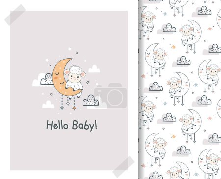 Illustration for Kawaii Cute sheeps on the moon and stars. Cartoon card and seamless pattern set. Hand drawn cute characters Cartoon Animals Background. Vector illustration - Royalty Free Image