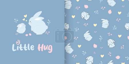 Cute seamless pattern with mom and little rabbit on blue background. Vector illustration on pastel background. Mother day design for fabric, textile, wallpaper, wrapping, kids fashion