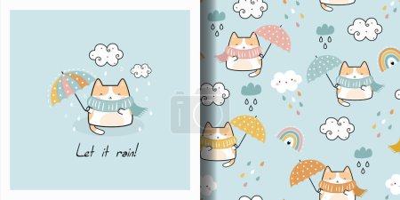 Illustration for Funny Kawaii Cute Cat with umbrella fly in the sky. Cartoon card and seamless pattern set. Childish Cartoon Animals Background. Vector illustration - Royalty Free Image