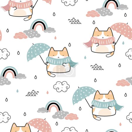 Illustration for Funny Kawaii Cute Cat with umbrella fly in the sky seamless pattern. Childish Cartoon Animals Background. Vector illustration - Royalty Free Image