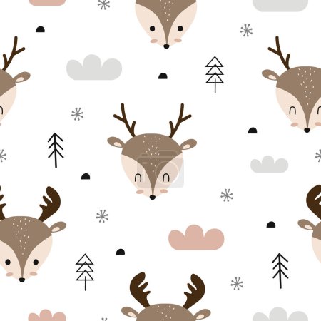 Seamless vector pattern with cute deer heads, forest and snowflake. For textile, wallpaper, print design or wrapping paper. Vector illustration