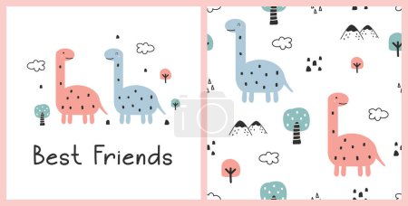 Seamless pattern with cute dinos and forest elements. Cartoon animal background. Vector illustration. Childish pattern for fabric, textile, wallpaper, wrapping, print designs