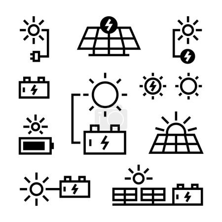 Téléchargez les illustrations : Pack of solar panels, batteries and suns icon vector isolated illustration - en licence libre de droit
