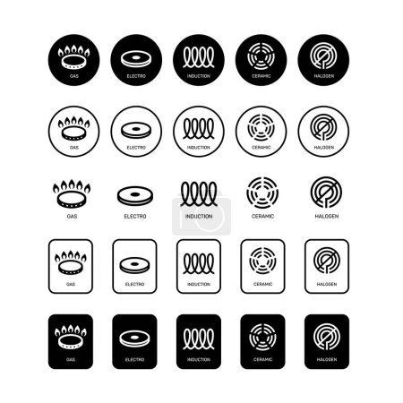 Conjunto de iconos de línea cocina de gas, electro, inducción, cerámica y halógeno.eps
