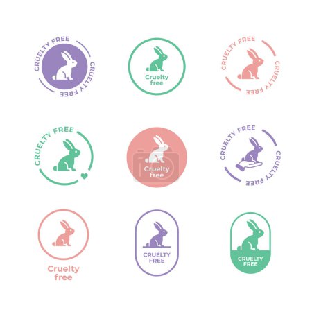 Ilustración de Set de 9 iconos libres de crueldad animal. No probado en animales con etiqueta de silueta de conejo. Ilustración vectorial. - Imagen libre de derechos