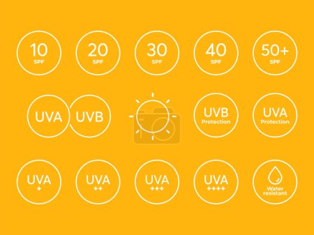 Illustration for Big SPF line icon vector set on orange background. Sun protection symbols for sunblock or sunscreen products. Collection of UV index for cosmetic packaging - Royalty Free Image