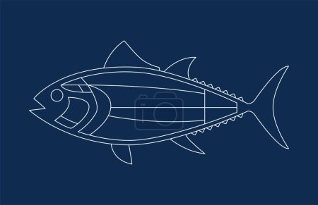Illustration for Silhouette of a Tuna Cuts diagram on blue background (ronqueo). - Royalty Free Image