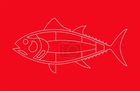 Illustration for Silhouette of a Tuna Cuts diagram on red background (ronqueo). - Royalty Free Image