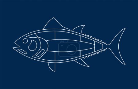 Illustration for Silhouette of a Tuna Cuts diagram on blue background (ronqueo). - Royalty Free Image