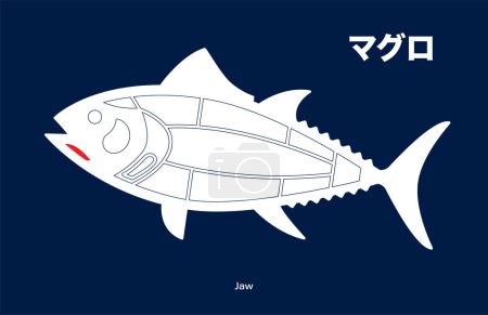 Téléchargez les illustrations : Mâchoire, Thon japonais Diagramme de découpes sur fond bleu. - en licence libre de droit