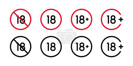 Illustration for Warnings under 18, red black white badges. Adult content age only icon - Royalty Free Image