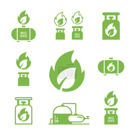 Illustration for Set of simple icons of Biogas production stages, renewable energy and green environment - Royalty Free Image