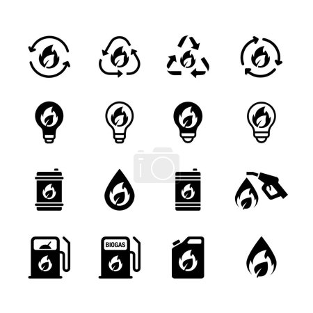 Téléchargez les illustrations : Ensemble d'icônes simples des étapes de production de biogaz, des énergies renouvelables et de l'environnement vert. Noir et blanc - en licence libre de droit
