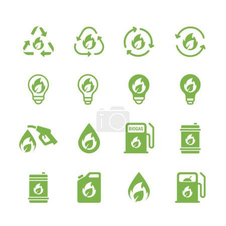 Ilustración de Conjunto de iconos simples de las etapas de producción de biogás, energía renovable y medio ambiente verde. - Imagen libre de derechos