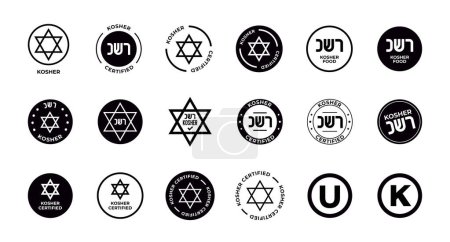 Ilustración de Increíble conjunto de símbolos certificados Kosher. Símbolos internacionales de comida kosher. Concepto de embalaje. - Imagen libre de derechos
