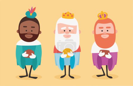 Téléchargez les illustrations : Trois sages drôles. Rois d'Orient sur fond jaune - en licence libre de droit