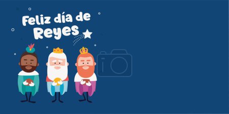 Illustration for Happy epiphany written in spanish. Three funny wise men. Kings of orient on blue background. Christmas vectors - Royalty Free Image