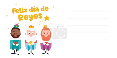 Illustration for Happy epiphany written in spanish. Three funny wise men. Kings of orient on blue background. Christmas vector - Royalty Free Image