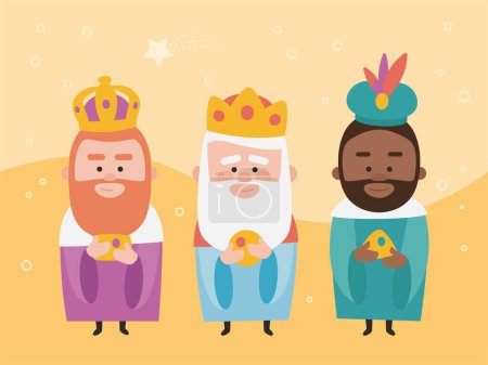 Illustration for Three funny wise men. Kings of orient on yellow background. Christmas vector - Royalty Free Image