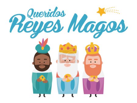 Téléchargez les illustrations : Chers sages, écrits en espagnol. Trois sages drôles. Rois d'Orient. Vecteur de Noël - en licence libre de droit
