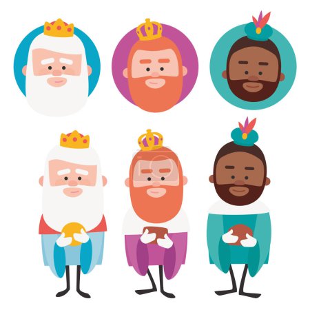 Illustration for Happy epiphany written in spanish. Three funny wise men. Kings of orient on bluThree funny wise men. Kings of orient on white backgrounde background. Christmas vectors - Royalty Free Image