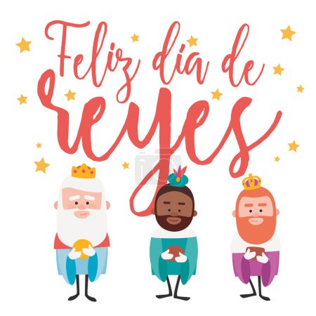 Illustration for Happy epiphany written in spanish. Three funny wise men. Kings of orient on white background. - Royalty Free Image