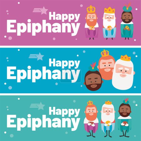 Illustration for 3 different banners. Happy epiphany in three different colors. Three funny wise men. Kings of orient on blue background. - Royalty Free Image