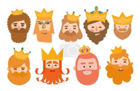 Illustration for The best pack of Gaspar of The three kings of orient face isolated. 9 wisemen. - Royalty Free Image