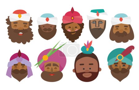 Illustration for The best pack of Baltasar of The three kings of orient face isolated. 9 wisemen. - Royalty Free Image