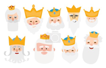 Illustration for The best pack of Melchor of The three kings of orient face isolated. 9 wisemen. - Royalty Free Image