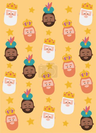 Illustration for Christmas yellow background, the three kings of orient, Melchior, Gaspard and Balthazar for wrapping paper pattern - Royalty Free Image