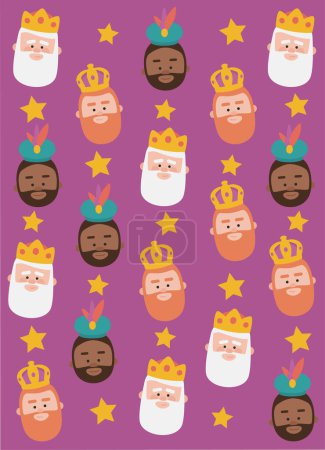 Illustration for Christmas purple background, the three kings of orient, Melchior, Gaspard and Balthazar for wrapping paper pattern - Royalty Free Image