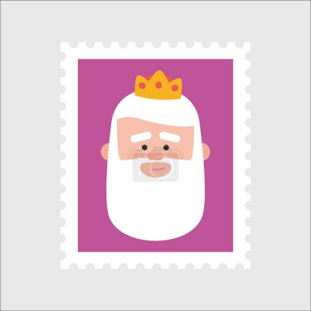 Téléchargez les illustrations : Roi Melchor timbre-poste violet. Ornement de Noël isolé vectorisé. Mages, homme sage - en licence libre de droit