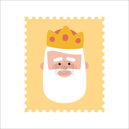 Illustration for King Melchor yellow postage stamp. Christmas ornament isolated vectorized. Magi, wise man - Royalty Free Image