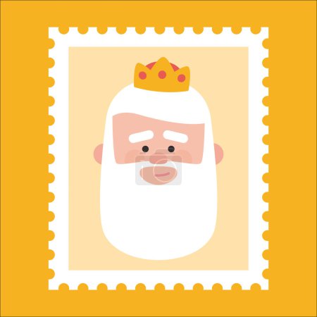 Téléchargez les illustrations : Roi Melchor timbre-poste jaune. Ornement de Noël isolé vectorisé. Mages, homme sage - en licence libre de droit