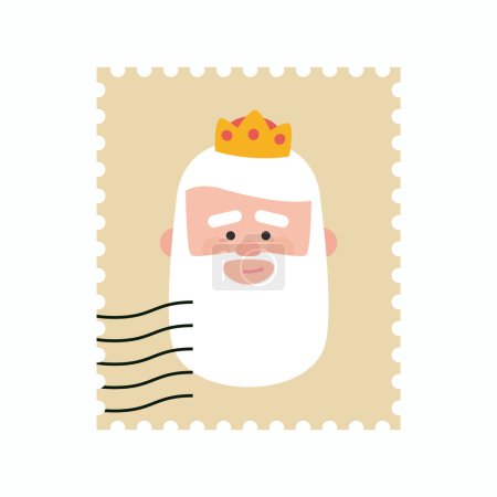 Illustration for Cute King Melchor postage stamp. Christmas ornament isolated vectorized. Magi, wise man - Royalty Free Image