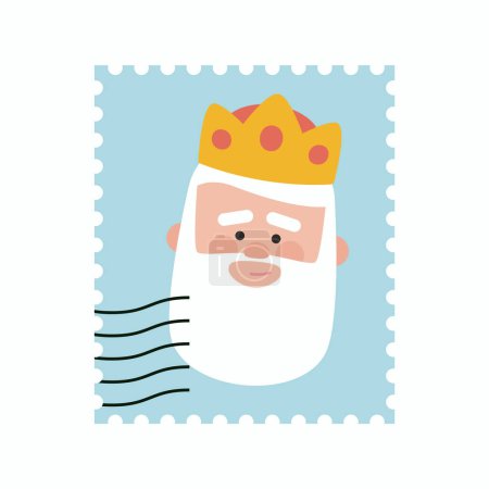 Téléchargez les illustrations : Mignon roi Melchor timbre-poste bleu. Ornement de Noël isolé vectorisé. Mages, homme sage - en licence libre de droit