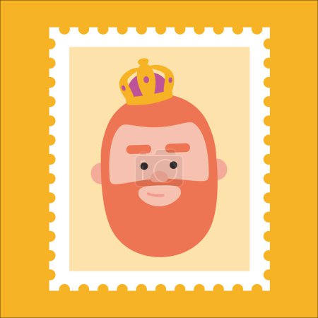Ilustración de Sello postal amarillo King Gaspar. Adorno de Navidad aislado vectorizado. Magos, hombre sabio - Imagen libre de derechos