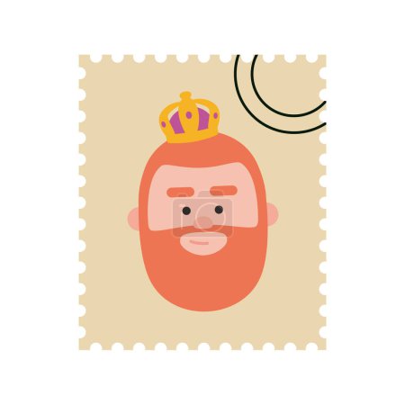 Ilustración de Lindo sello postal de King Gaspar. Adorno de Navidad aislado vectorizado. Magos, hombre sabio - Imagen libre de derechos