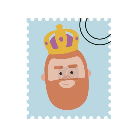 Illustration for Cute King Gaspar blue postage stamp. Christmas ornament isolated vectorized. Magi, wise man - Royalty Free Image