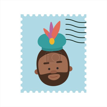 Illustration for Cute King Baltasar blue postage stamp. Christmas ornament isolated vectorized. Magi, wise man - Royalty Free Image