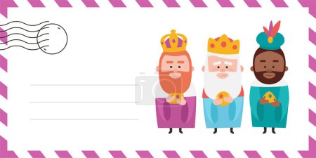 Illustration for Envelope of the wise men. The three kings of orient, Melchior, Gaspard and Balthazar. Funny vectorized letter. - Royalty Free Image