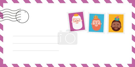 Illustration for Envelope of the wise men. The three kings of orient, Melchior, Gaspard and Balthazar. Funny vectorized letter. - Royalty Free Image