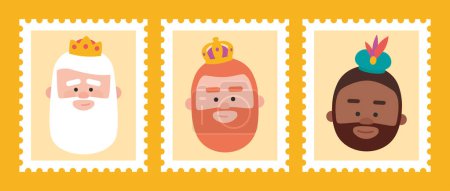 Illustration for Funny Yellow Stamps packs of the wise men. The three kings of orient, Melchior, Gaspard and Balthazar. - Royalty Free Image