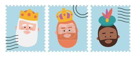 Ilustración de Divertidos paquetes de sellos azules de los sabios. Los tres reyes de Oriente, Melchor, Gaspard y Baltasar. - Imagen libre de derechos