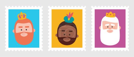 Illustration for Cute Stamps packs of the wise men. The three kings of orient, Melchior, Gaspard and Balthazar. - Royalty Free Image