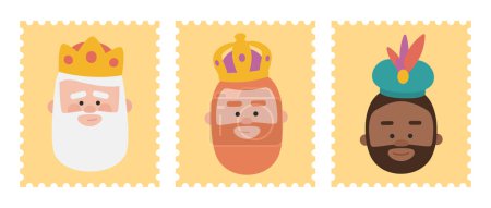 Illustration for Cute YELLOW Stamps packs of the wise men. The three kings of orient, Melchior, Gaspard and Balthazar. - Royalty Free Image