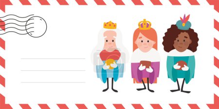 Illustration for Envelope of the wise women. The three Queens of orient, Melchiora, Gasparda and Balthazara. Funny vectorized letter. - Royalty Free Image