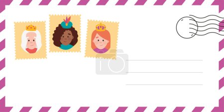 Illustration for Envelope of the wise women. The three queens of orient, Melchiora, Caspara and Balthazara. Funny vectorized letter. - Royalty Free Image